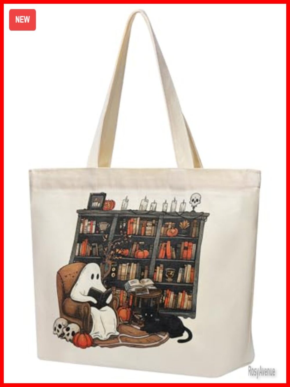 Halloween Ghost Reading Canvas Tote Bag Book Lovers Zipper Purse